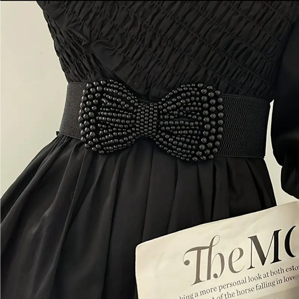 Faux Pearl Large Bow Wide Stretch Belt In Black